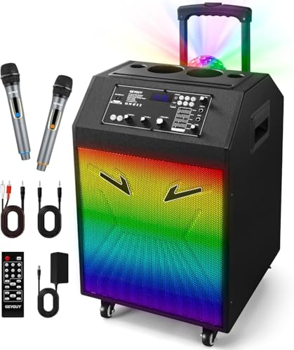 Máquina de Karaoke Portátil, Altavoz Karaoke con 2 Micrófonos, Altavoz Bluetooth, Soporte para Tableta, Luces de Discoteca, Control Remoto, diseño Exclusivo, Ruedas GTSK10-4