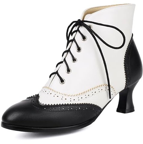 Klarmar Mujer Cordones Botines Retro Kitten Botas Cortas Oficina Tacón Ancho Brogue Botines Negro Talla 39 EU/40