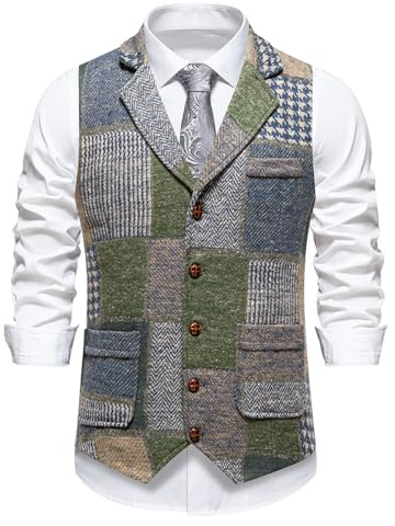 MakingDa Patchwork Waistcoat Mens Casual Vintage Slim Fit V-Neck Single Breasted Waist Coats with Pocket for Wedding Party Business-Green-XL