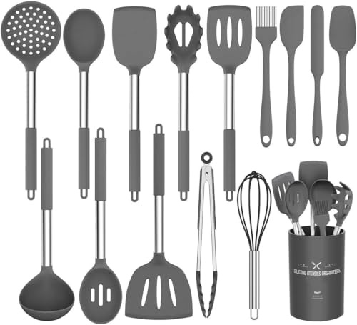Kitchen Utensil Set, 15pcs Silicone Cooking Kitchen Utensils Set, Cooking Tools Turner Tongs Spatula Spoon for Nonstick Heat Resistant Cookware - (Grey)
