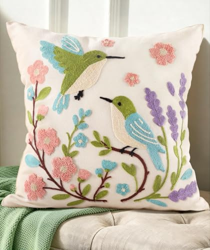 Kokaaee Spring Pillow Cover 18x18 Inch – Embroidered Summer Throw Pillow Cover Flowers Birds Farmhouse Decorative Cushion Case with Hidden Zipper Decoration for Couch, Sofa, Living Room(1 Pack)
