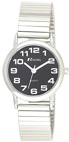 Ravel Women's Easy Read Watch with Big Numbers on Stainless Steel Expander Bracelet - Silver Tone/Black Dial