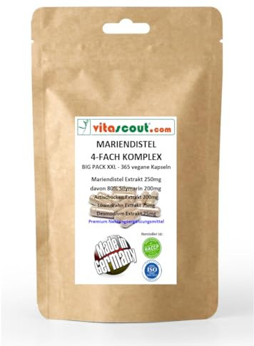 Mariendistel Artischocke Löwenzahn Desmodium 4-fach Komplex - 365 Kapseln vegan - Hochdosiert mit 80% Silymarin ohne Magnesiumstearat, GMO-frei - LABORGEPRÜFT
