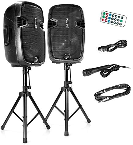 Pyle Kit de Sistema PA, Portátil, Inalámbrico, 1800W, Bluetooth, Activo + Pasivo, Sonido Interior/Exterior, Entradas USB, SD, AUX, XLR, RCA, Incluye 2 Soportes, Micrófono Cableado, Mando a Distancia