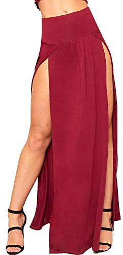Crazy Girls Womens Long Double Split High Waist Ladies Plain Jersey Stretch Two Side Slit Maxi Skirt