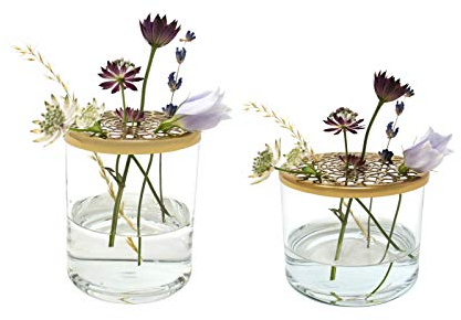 LaLe Living Vase Buket 2er Set aus Eisen und Glas mit Ornament Gold, Glasvasen H:6cm / H:8cm