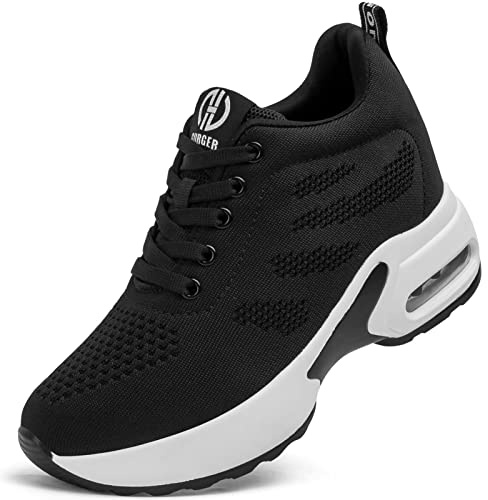 GURGER Baskets Femmes Compensées Chaussure de Sport Plateforme Gym Fitness Sneakers Basses Compensees 7CM Noir 40 EU
