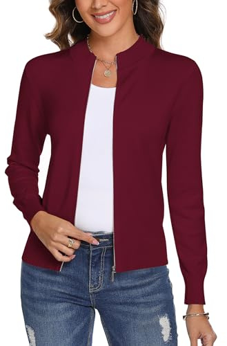 Aottori Cárdigan de Punto con Cremallera para Mujer,Chaqueta de Punto Sueter Manga Larga Abrigo Suéter Rebeca Chaqueta de Jerseis Vino Tinto XL