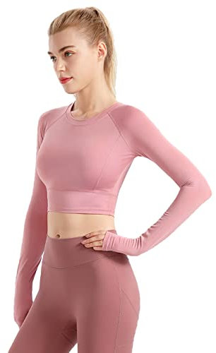 Hanyomo Damen Fitness Nahtlos Langarm Crop Tops Training Yoga Fitnessraum Laufend Daumenloch Hemden Rosa S