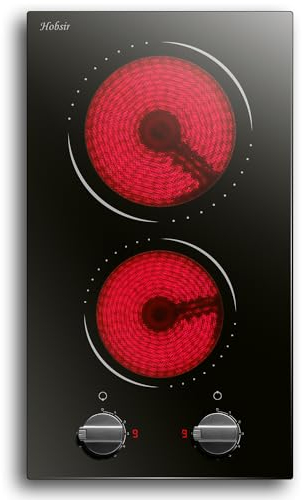 Plaque Vitrocéramique 2 Feux, Hobsir Plaque de Cuisson Vitrocéramique, 3000W, 29cm, 9 Niveaux de Puissance, Bouton de Commande, Fil Dur, Pas de Prise