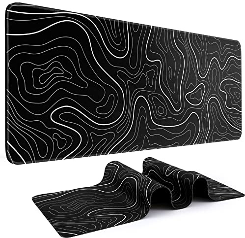 DIGSOM Mouse Pad Gaming Mousepad 31.5 x 11.8in Large Mouse Pad for Keyboard and Mouse with Anti-Slip Rubber Base, Keyboard Pad XL Mouse Mat for Home and Office（Black with White Topographic Line）