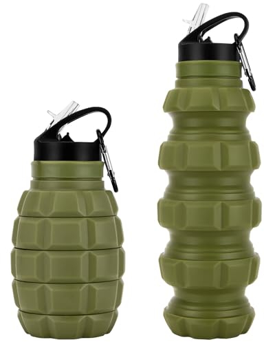 PenghaiYunfei 19.6OZ Foldable Water Bottle Army Water Bottle Reuseable BPA Free Air up Water Bottles for Gym Camping Hiking, Portable Leak Proof Water Bottles with Carabiner (Army Green)