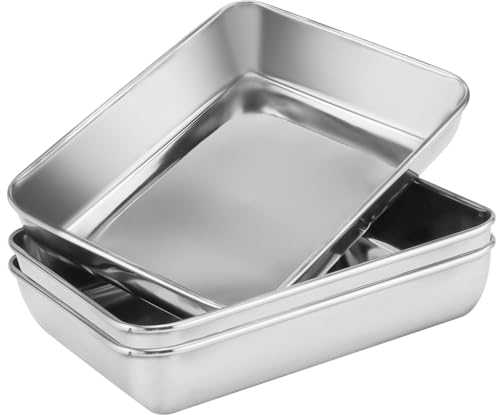 CHEUKYIU Set of 3 Baking Trays, Stainless Steel Rectangular Baking Tray, Small Mini Oven Tray, Cake Tray for Baking, Cooking, Deep Rim, Cleaning and Dishwasher Safe, 25 x 20 x 5.4 cm