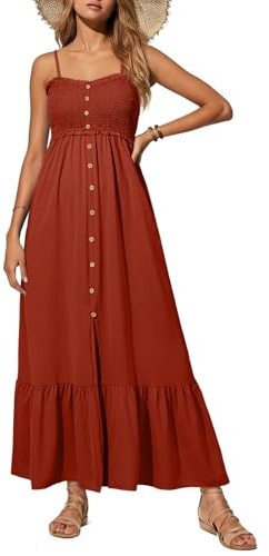 Dokotoo Maxi Dresses for Women 2026 Summer Sleeveless Button Spaghetti Strap Smocked Empire Waist A-Line Casual Sexy Resort Wear Beach Party Cover Up Holiday Dresses Long Sun Dress Orange Large