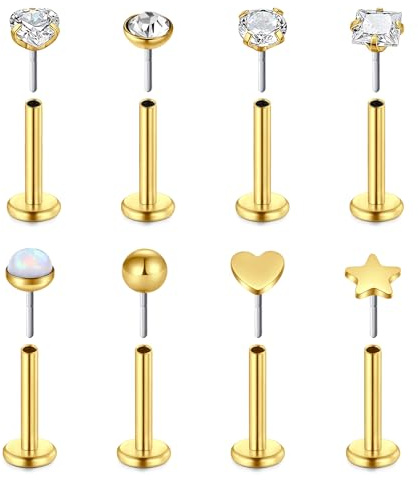 FECTAS 8pcs Threadless Push-In Labret Barras Piercing Stud Acero Inoxidable 16G 8mm Tragus Cartílago Hélix Pendiente Piercing Joyería de Oro