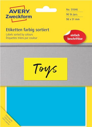 AVERY Zweckform Art. 51046 Bunte Etiketten, selbstklebend (90 farbige Aufkleber, 98x51mm, Klebeetiketten in 5 verschiedenen Farben, handbeschriftbare Umzugsaufkleber, permanent haftend) 30 Blatt