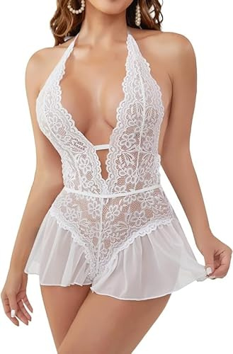 MIZSPISE Body Donna Sexy Lingerie di Pizzo Babydoll Trasparente Camicia da Notte Un Pezzo Intimo a Rete Completi Intimi Vestaglia Maglia Pigiami Estivi Hot Sleepwear Nero/Bianco S-L