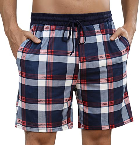 Marvmys Korta byxor för herrpyjamas byxor rutig pyjamas bomull korta byxor herr pyjamas bekväma elastiska pyjamasbyxor med fickor S-XXL