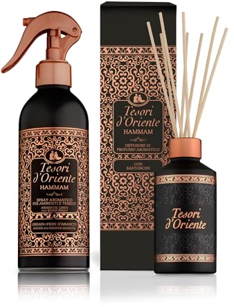Tesori d'Oriente - Set Profumatore per Ambienti Hammam, Diffusore con Bastoncini con Oli Essenziali 200ml e Profumatore Casa Spray 250ml, dalle Note di Gelsomino e Fiori d'Arancio