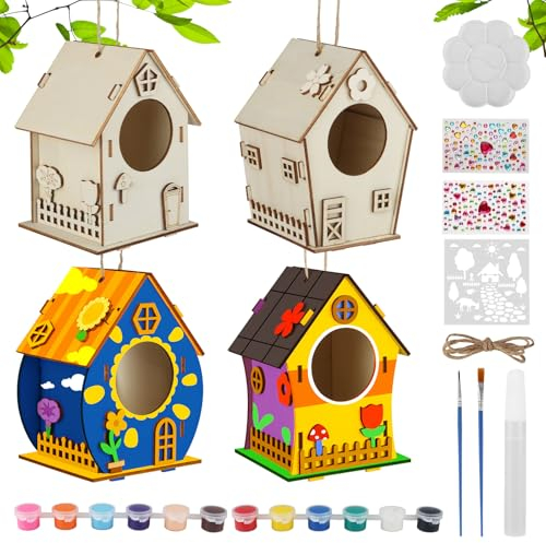 Kayqbonke 4 Stück Vogelhaus Bausatz für Kinder, DIY Holz Vogelhaus zum Bemalen Mit Farbform, Bastelset für Mädchen Jungen Kleinkinder