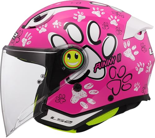 LS2 OF622 Funny II Children's Motorcycle Helmet, Pink with Paw Print Design, ECE-22.06 Certified (Child M)
