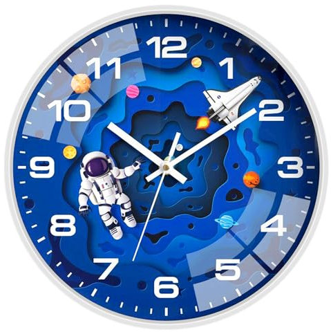 ALEENFOON Orologio da parete per bambini da 30 cm, silenzioso, senza ticchettio, al quarzo decorativo, astronauta per bambini, orologio da parete rotondo per camera da letto, soggiorno, aula, cucina