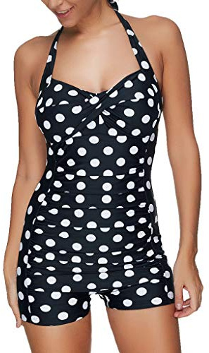 Bañador Mujer con Pierna, Bañadores Traje de Baño de Una Pieza Boxer Push Up, Fato de Banho Mulher Barriga Fruncido, Swimsuit Cuello Halter Espalda Abierta para Mujer, Estampado Flores Y Lunares
