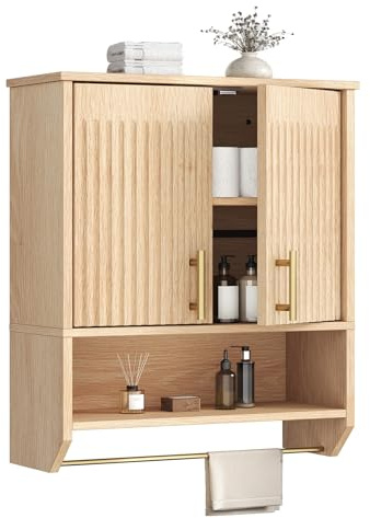 HOOBRO Narrow Bathroom Wall Cabinet with Towel Rack, Space Saving Medicine Cabinet for Small Spaces, Farmhouse Fluted Wall Storage Cabinet with Adjustable Shelf, Natural