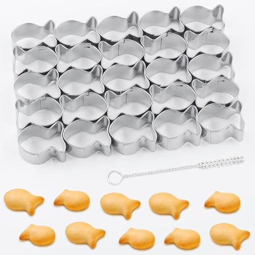 25 Cavity Gold Fish Cracker Cutter,Cookie Cutters with Cleaning Brush,Stainless Steel Mini Fishs Shape Molds for Baking,Non-Stick Dough