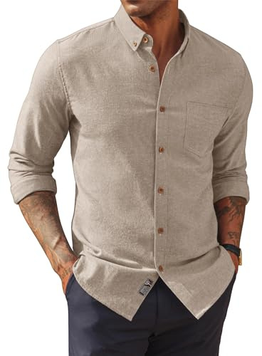 Men's Long Sleeve Shirts Button Down Collar Shirt Office Tops Beige XL
