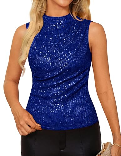 GRACE KARIN Top sin mangas de lentejuelas para mujer, elegante blusa halter brillante, ajuste ceñido, fiesta, cóctel, parte superior, azul, L