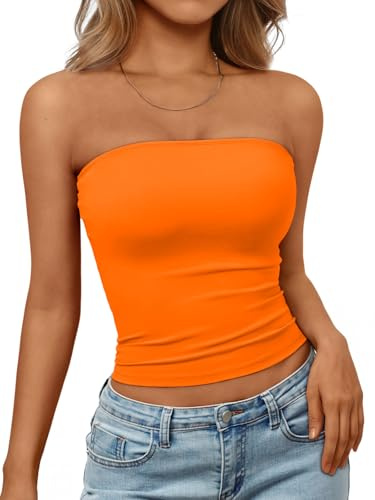 Trendy Queen Womens Strapless Tube Tops Basic Backless Sleeveless Bandeau Going Out Crop Tops Cute 2025 Summer Clothes Orange S