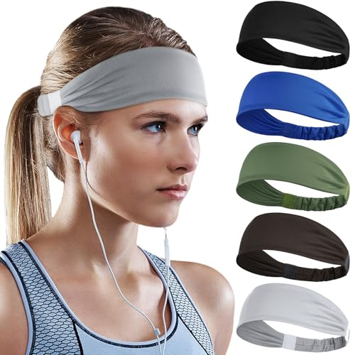 Beister Sports Headband for Men & Women, 5 Pack Non-slip | Soft Stretchy Moisture Wicking Fabric. Non-Slip Elastic Band Fits All Heads. For Running, Yoga, Cycling, Gym & Helmet Wear.