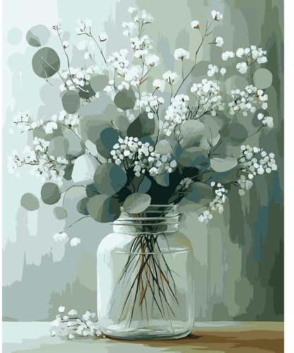 QENSPE Kit de Pintura por Números para Adultos, Flores Blanca Paint by Numbers, Tarro De Cristal Pintar Números Pintura Acrílica al Óleo para Decor de Paredes Hogar (40x50 cm) Sin Marco