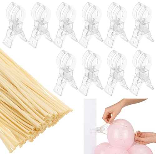AULSAM 10 clips de arco para globos con 100 globos, 9 cm de plástico transparente, diseño invisible, clips de resorte para manualidades, fijación de arco de globos, fiesta de cumpleaños