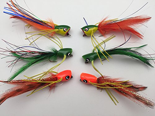 Fliegenfischen Jazz Poppers Auswahl, Set mit 6 Fliegen, Größe 4, für Barsch, Hecht, Forelle, Barsch, Döbel, Salzwasser, Pack #320B