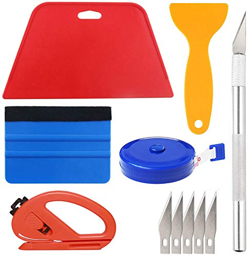 Wallpaper Smoothing Tool Kit Include red Squeegee,Medium-Hardness Squeegee, blue Tape Measure,snitty Vinyl Cutter and Craft Knife with 5 Replacement Blades for Adhesive Contact Paper Application Win
