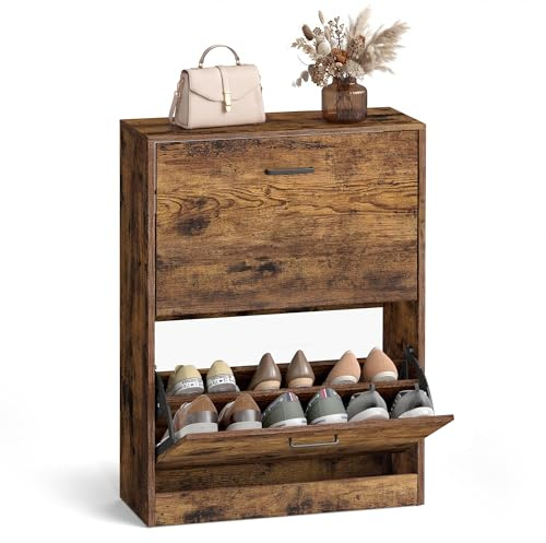 VASAGLE Shoe Cabinet with 2 Flip Doors, Adjustable and Removable Divider, for 12 Pairs of Women's Shoes or 8 Men's Shoes, for Narrow Entrance, 60 x 24 x 83.5 cm (L x W x H), Rustic Brown LBC02BX