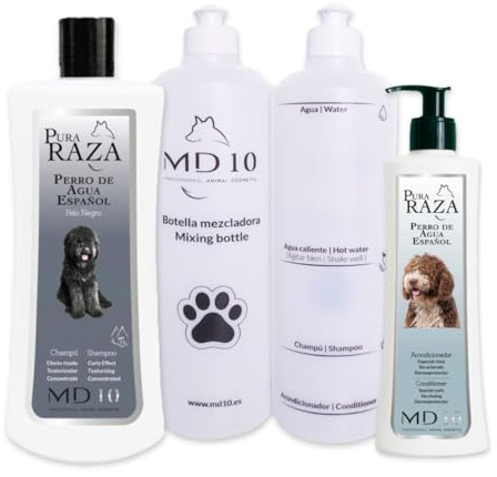 Pack Hundprodukter för vattenhundar med svart hår - 750 ml hundschampo, 300 ml hundbalsam, 2 blandflaskor - vegansk och biologiskt nedbrytbar - tillverkad i Spanien - MD-10 COLLECTION