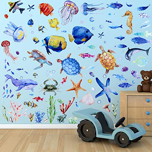116 Pieces Ocean Wall Decals Under The Sea Fish Wall Nursery Decals Removable Marine Animals Peel and Cute Stickers Art for Kids Bedroom Living Room Bathroom Decoration(Lovely Colors)