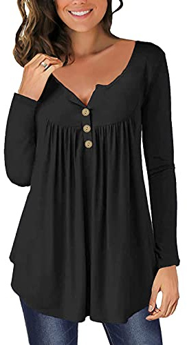Noir Tunique Femme Chic et Elegant Grande Taille Manche Longue Haut Décontractés Amples Coton Vetements Chemise T-Shirt