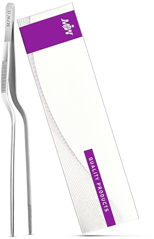 MJW Chef Tweezer - 8-Inch Long Stainless Steel Offset Culinary Tweezers for Kitchen Cooking Ideal for Garnishing Plates and Chefs, Durable Plating Tongs