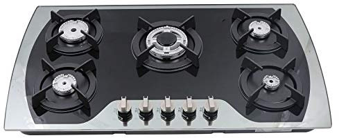 Fornello a Gas 5 Fuochi 90cm da Incasso, Piano Cottura con Vetro Temperato 7mm e Griglie in Ghisa, Compatibile Gas Naturale e GPL, per Cucina Domestica e Professionale