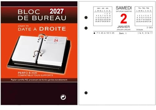 Calendrier 2027 Bloc Éphéméride de Bureau - Date à Droite - RdV à Gauche