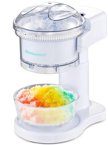 Elite Gourmet NEW Snow Cone & Shaved Ice Maker, ESI1201, Refreshing Slushies, Margaritas, Boba Drinks, Clear Lid & Shaved Ice Serving Bowl, Use Cubed & Bagged Ice, Stainless Steel Shaving Blade, White