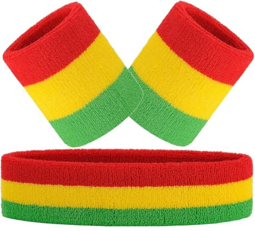 Hatstar Juego de 3 bandas para el sudor | 1 diadema + 2 bandas para el sudor para muñecas | Diadema para hombre y mujer | Accesorio para carnaval y disfraz de carnaval (3 colores verde-amarillo-rojo)