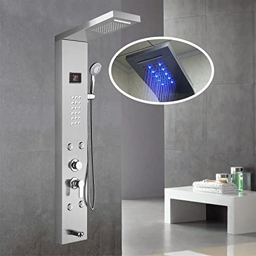 6-Function Shower Panel Tower System - LED Rainfall & Waterfall Shower Head, Handheld Shower, 4 Jets, Bath Spout, Durable 304 Stainless Steel, Silver Finish