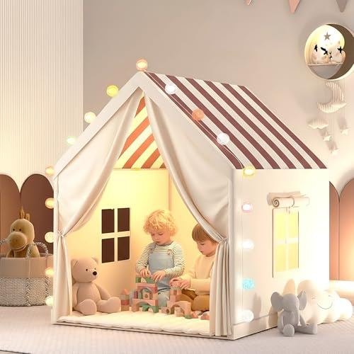 Tienda infantil interior, cabaña infantil interior, 105 x 120 x 128 cm, con ventanas, guirnalda luminosa, banderas, instalación rápida, casa de juego para niños y niñas