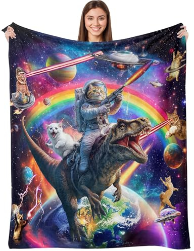 Fowocu Funny Cat Dinosaur Throw Blanket 40 x 50, Fun Cool Colorful Anime Space Cats Blanket, Rainbow Galaxy Soft Cozy Lightweight Flannel Throws Blankets Gifts for Boys Girls Couch Bed Sofa Chair