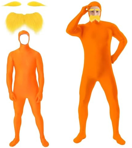 2025 Orange Jumpsuit Costume Adult Yellow Mustache and Eyebrows Jumpsuit Full Body Open Face Bodysuit Cosplay for Men Halloween Costumes